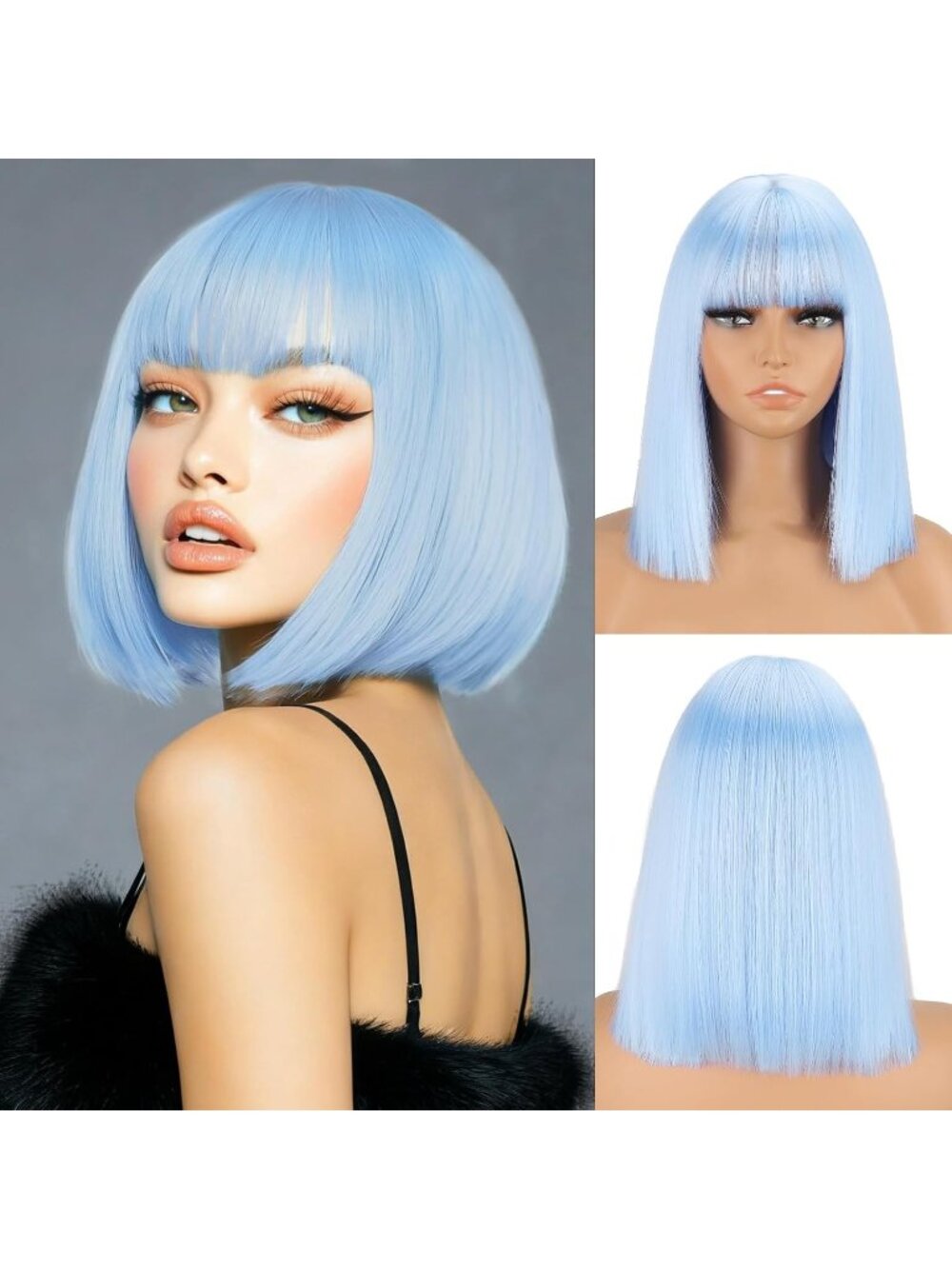 Women's Light Blue 11 Inch Heat Resistant Synthetic Short Straight Wigs Bangs